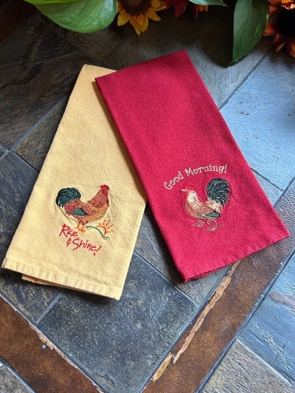 Embroidered Rooster Kitchen Tea Towels – Set of 2